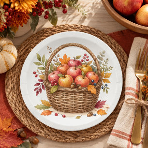 Watercolor Fall Thanksgiving Apple Basket Paper Plates