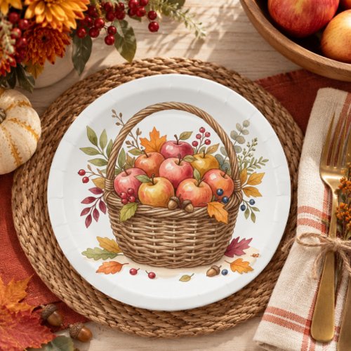 Watercolor Fall Thanksgiving Apple Basket Paper Plates