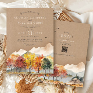 Watercolor Fall Tree Mountain Rustic Kraft Wedding Invitation