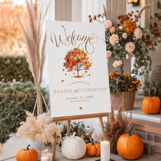 Watercolor Fall Tree Script Wedding Welcome Sign (Elegant simple colorful watercolor fall leaves tree burnt orange terracotta wedding welcome sign)