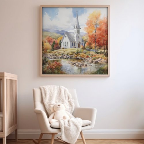 Watercolor Fall Vermont Church Vermont Art Poster