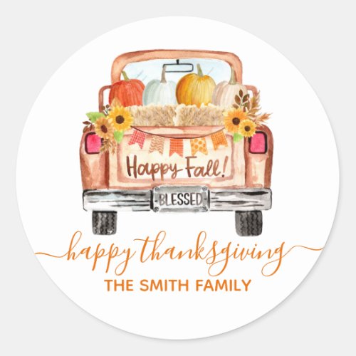 Watercolor Fall Vintage Truck Thanksgiving Classic Round Sticker