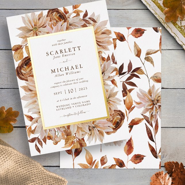 Watercolor Fall Wedding Foil Invitation (White Watercolor Fall Leaves Wedding Foil Invitation by Painted Paperie
)