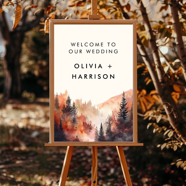 Watercolor Fall Wedding Mountain Landscape Wedding Poster (Frame the poster print and display it at your wedding)