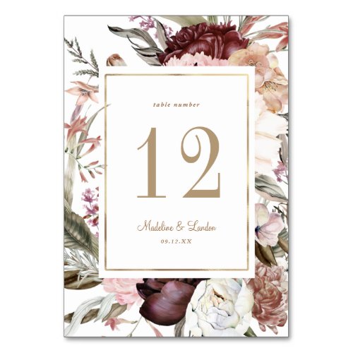 Watercolor Fall Wildflower Gold Wedding Table Number