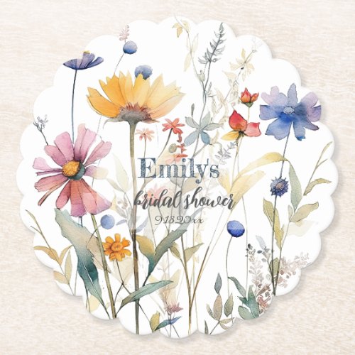 Watercolor Fall Wildflowers Bridal Shower Paper Coaster