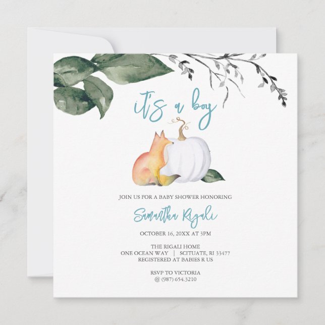Watercolor Fall Woodland Baby Boy Shower Invitation (Front)