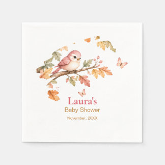 Watercolor Fall Woodland Bird & Autumn Leaves Napkins