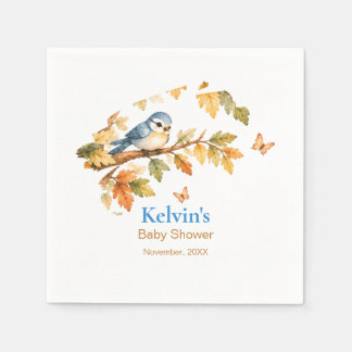 Watercolor Fall Woodland Bird & Autumn Leaves Napkins