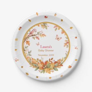 Watercolor Fall Woodland Bird & Autumn Leaves Pape Paper Plates