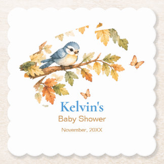 Watercolor Fall Woodland Bird & Autumn Leaves Paper Coaster