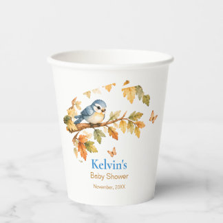 Watercolor Fall Woodland Bird & Autumn Leaves Paper Cups