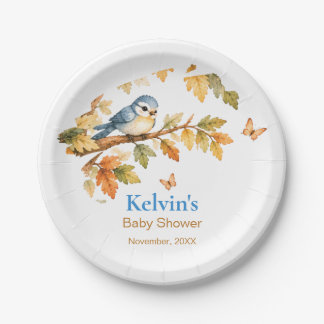 Watercolor Fall Woodland Bird & Autumn Leaves Paper Plates