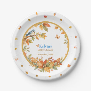 Watercolor Fall Woodland Bird & Autumn Leaves Paper Plates