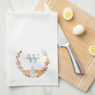 Watercolor Fall Wreath Monogrammed Kitchen Towel