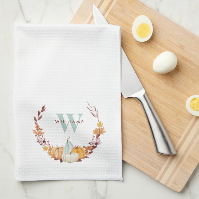 Watercolor Fall Wreath Monogrammed Kitchen Towel (Quarter Fold)