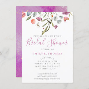 Watercolor Falling Flowers Bridal Shower Purple In Invitation