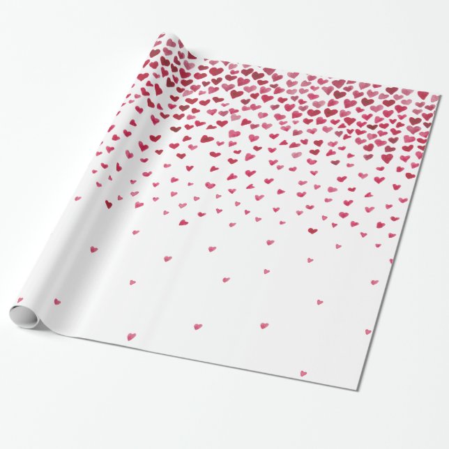 Watercolor Falling Hearts Valentine's Day Wrapping Paper (Unrolled)