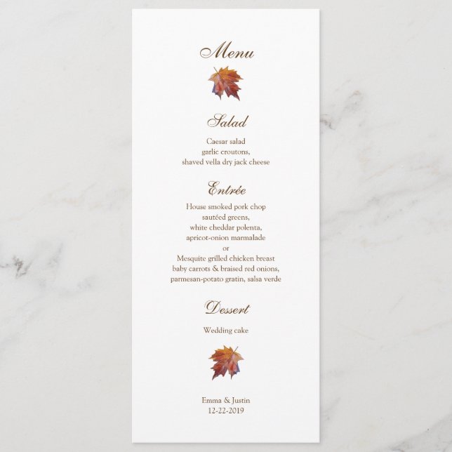Watercolor Falling Leaf Fall Wedding Menu (Front)