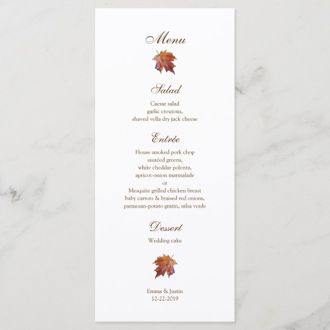 Watercolor Falling Leaf Fall Wedding Rackcard Menu (Front)