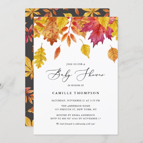 Watercolor Falling Leaves Autumn Baby Shower Invitation