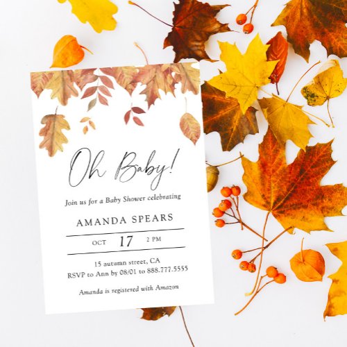 Watercolor falling leaves autumn baby shower invitation