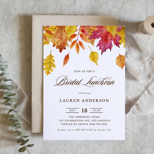 Watercolor Falling Leaves Autumn Bridal Luncheon Invitation