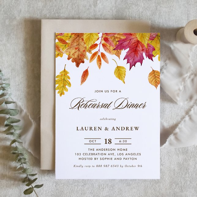 Watercolor Falling Leaves Autumn Rehearsal Dinner Invitation (Creator Uploaded)