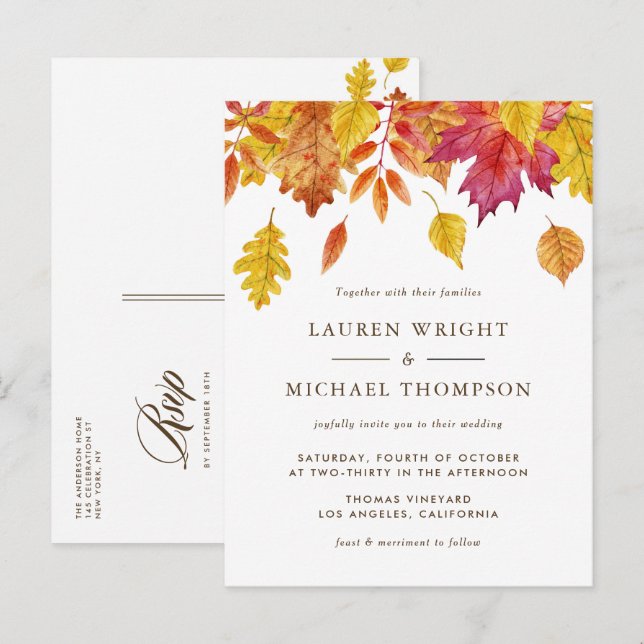 Watercolor Falling Leaves Autumn Wedding Invitation Postcard (Front/Back)