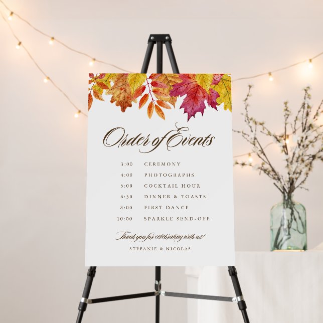 Watercolor Falling Leaves Autumn Wedding Timeline Foam Board (In Situ (Stand))