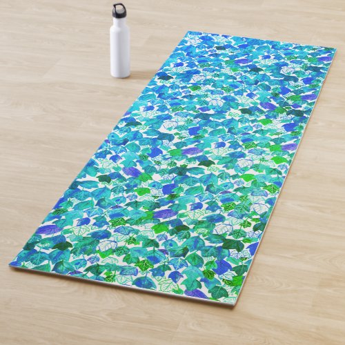 Watercolor Falling Leaves Blue Green Leaf Pattern Yoga Mat