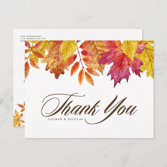 Watercolor Falling Leaves Fall Wedding Thank You Postcard (Front/Back)