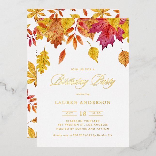 Watercolor Falling Leaves Garland Autumn Birthday Foil Invitation (Front/Back)
