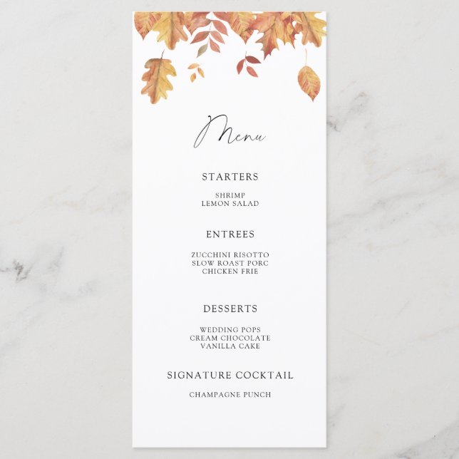 Watercolor falling leaves minimalist menu (Front)