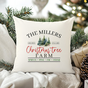 Watercolor Family Name Christmas Tree Farm  Throw Pillow