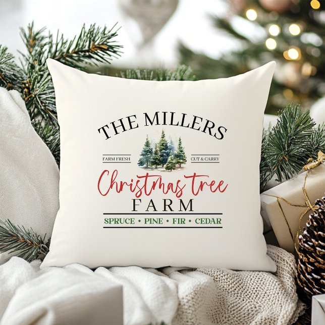 Watercolor Family Name Christmas Tree Farm  Throw Pillow (Watercolor Family Name Christmas Tree Farm Throw Pillow)