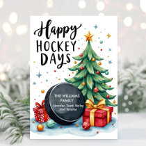 Watercolor Family Name Hockey Christmas Card