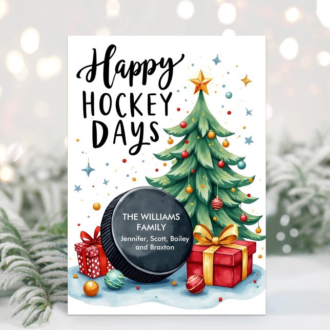Watercolor Family Name Hockey Christmas Card (Hockey Christmas Card)