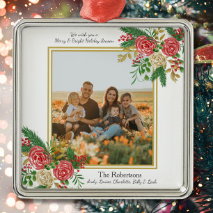 Watercolor Family Photo Merry and Bright Holiday Metal Ornament
