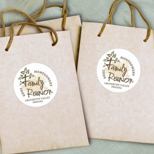 Watercolor Family Reunion Script Tree Name Classic Round Sticker (Creator Uploaded)