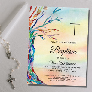 Watercolor Family Tree Baptism Christening Invitation