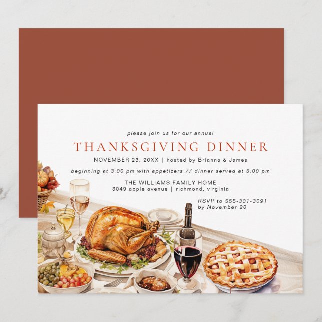 Watercolor Fancy Table Classic Thanksgiving Dinner Invitation (Front/Back)