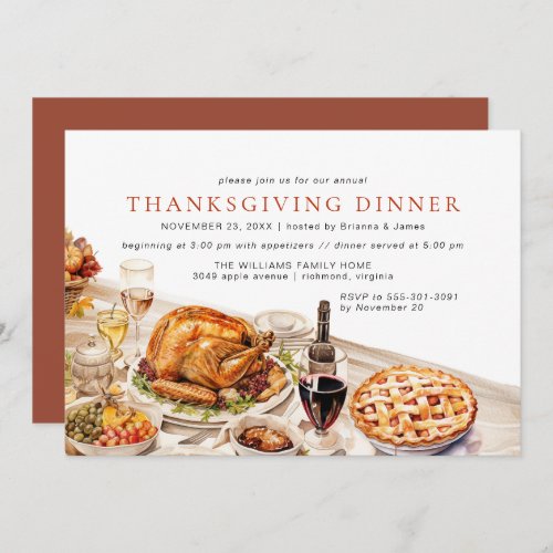 Watercolor Fancy Table Classic Thanksgiving Dinner Invitation
