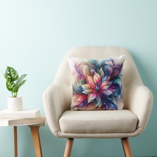 Watercolor Fantasy Abstract Modern Fractal Flower Throw Pillow