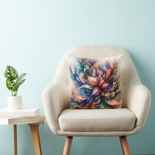 Watercolor Fantasy Abstract Modern Fractal Flower Throw Pillow