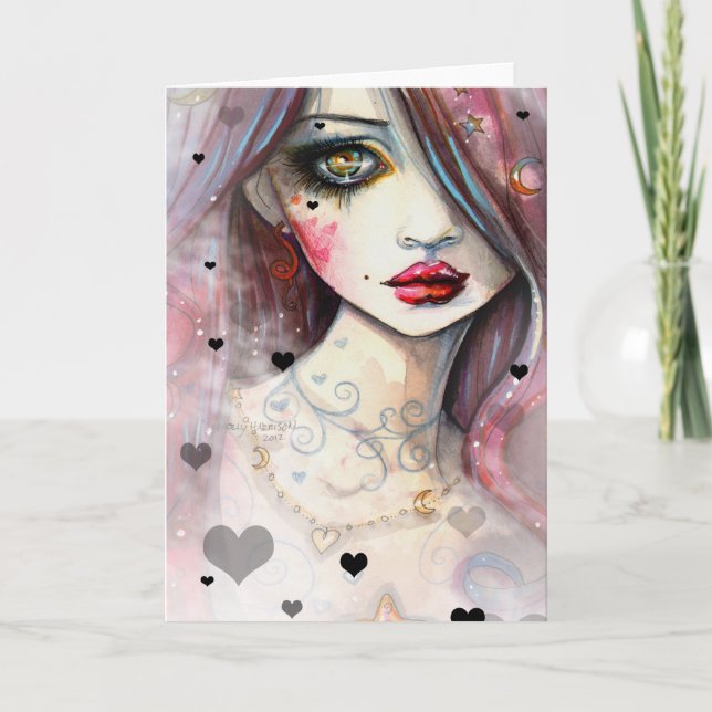 Watercolor Fantasy Art Girl and Hearts Card (Front)