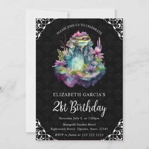 Watercolor Fantasy Fairy Fountain 21st Birthday Invitation