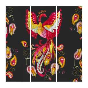 Watercolor Fantasy Firebird Phoenix Feathers Triptych
