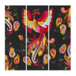 Watercolor Fantasy Firebird Phoenix Feathers Triptych