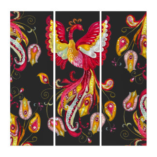 Watercolor Fantasy Firebird Phoenix Feathers Triptych